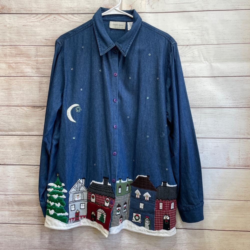 VINTAGE LEMON GRASS APPLIQUED AND EMBROIDERED CHRISTMAS VILLAGE CHAMBRAY SHIRT